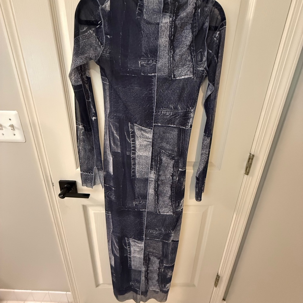 Zara Navy Patchwork-Effect Long Sleeve Maxi Dress